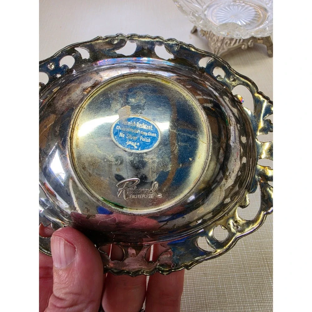 Vintage Footed Glass Trinket Bowl and Silver Tone Filigree Metal Dish Set